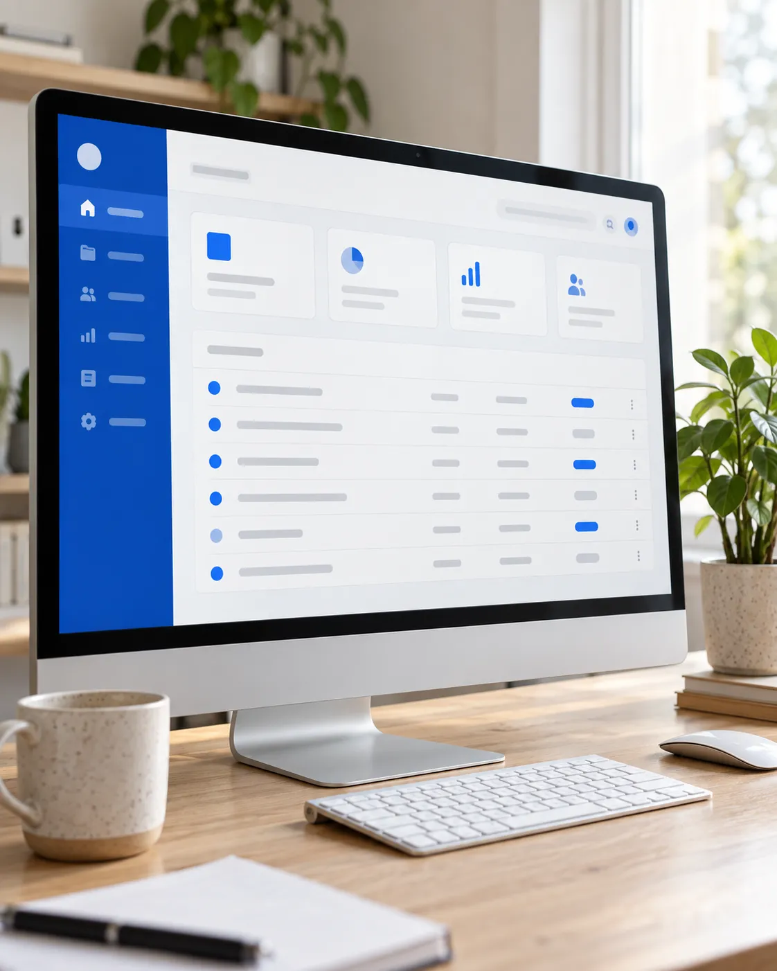 Illustrative workspace with a business software interface on a desktop monitor