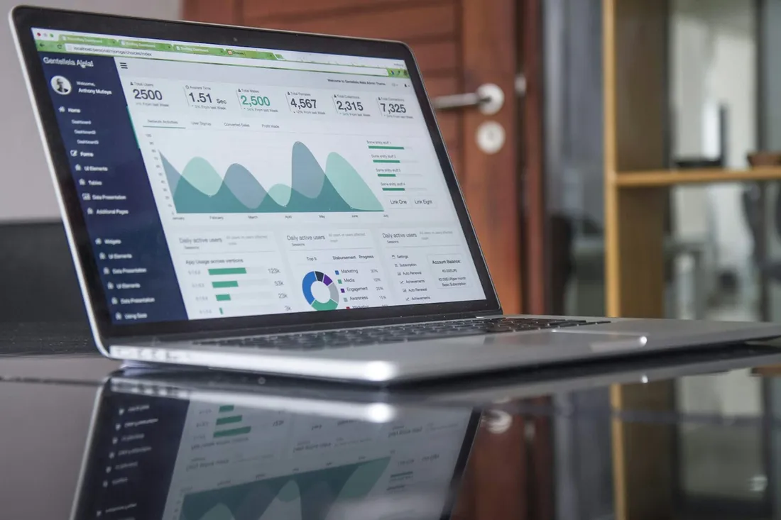Business dashboard with charts open on a laptop